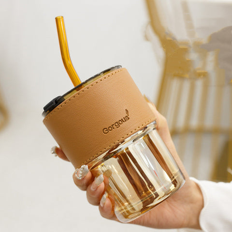 Creative Bamboo Glass Cup with Lid & Straw