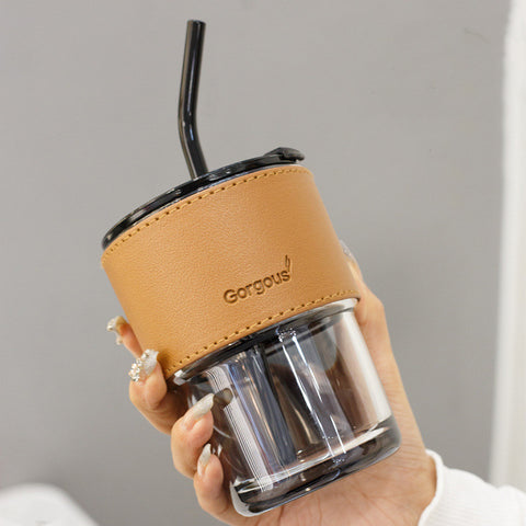 Creative Bamboo Glass Cup with Lid & Straw