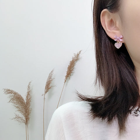 Korean Style Purple Bow and Heart Earrings