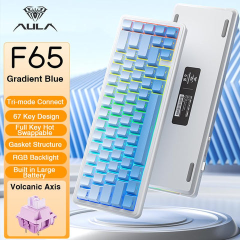 Aula F65 Mini Tri-Mode Wireless Mechanical Keyboard, 65 Percent Hot Swappable Gasket Custom Gaming Keyboard, Volcanic Switch,Rgb Backlit, Gradient Blue Bluetooth Keyboard Budget Creamy Keyboards Lighted Game Keyboard Computer Accessories Springtok