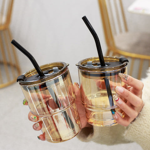 Creative Bamboo Glass Cup with Lid & Straw