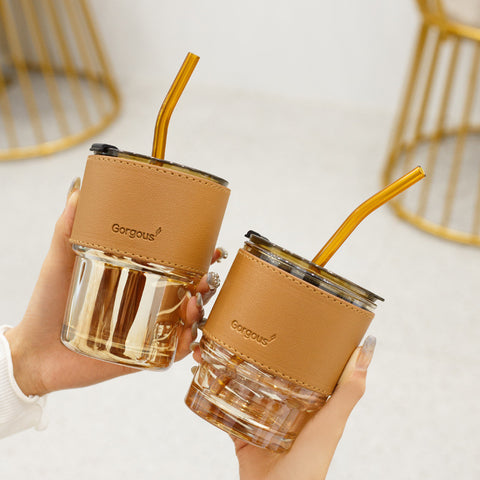 Creative Bamboo Glass Cup with Lid & Straw