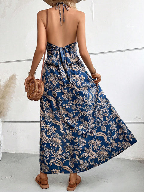 Floral Print Backless Beach Dress