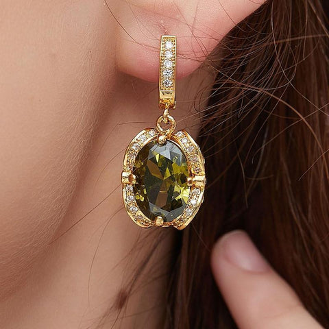 ROMASS Marlu Olive Green Amethyst Zirconia Jewelry Set - 18K Gold Plated Sterling Silver Necklace & Earrings for Women, Hypoallergenic Luxury Gift (Birthday, Anniversary) | Tarnish-Resistant & California Prop 65 Certified