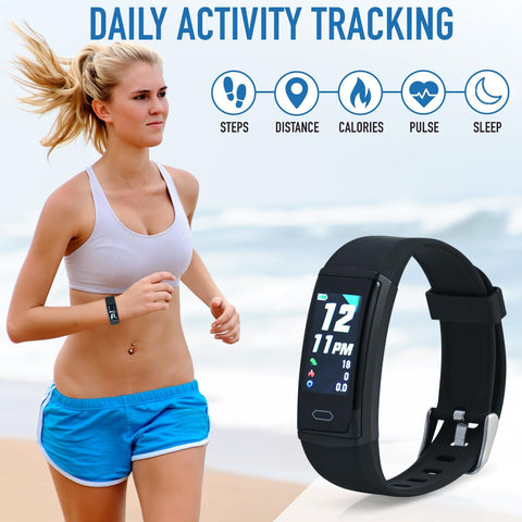 ® Fitness Activity Tracker, Heart Rate Monitor, Free Pro App, Step Counter, Sleep Tracker, Remote Camera Support, Notifications & Alarms, Weather Data Display, Find Phone Feature