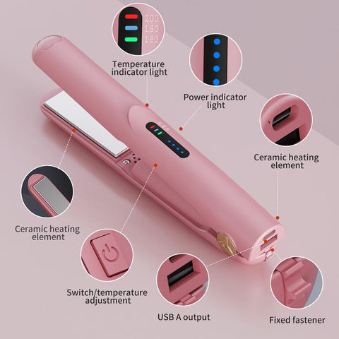 Mother'S Day 2025 Mini Portable Cordless Rechargeable USB Clipper Bangs Curl Straight Dual Purpose Dormitory Available Small Hair Straightener Comfort Pink Hair Curler
