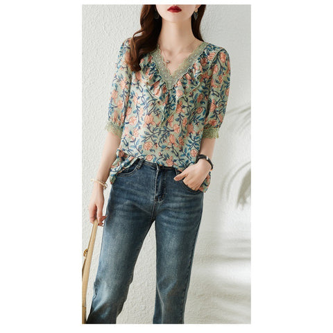 V-Neck Floral Chiffon Shirt
