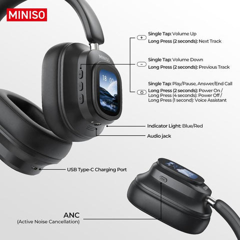 MINISO Wireless Headphones, Rechargeable Noise Cancelling Headphone, Hifi Stereo Full-Color Display Multifunctional Earphone, Foldable Gaming Headset
