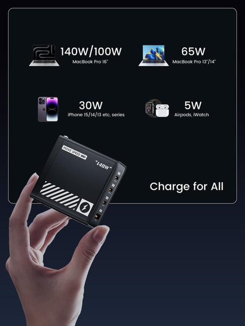 MOVE SPEED 140W USB C Charger PD3.1 Gan 4-Port Compact Laptop Wall Charger Foldable Plug 3Xusb-C Ports Fast Charging for Macbook Pro/Air, Iphone, Ipad Pro, Dell XPS Etc (With 140W Cable)