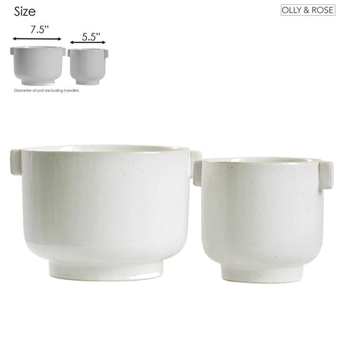 Ceramic Plant Pot Set with Handles - Indoor & Outdoor Planters - Aged White Gloss Finish