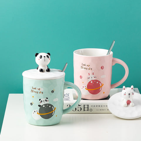 Cute Cartoon Ceramic Mug with Lid and Spoon