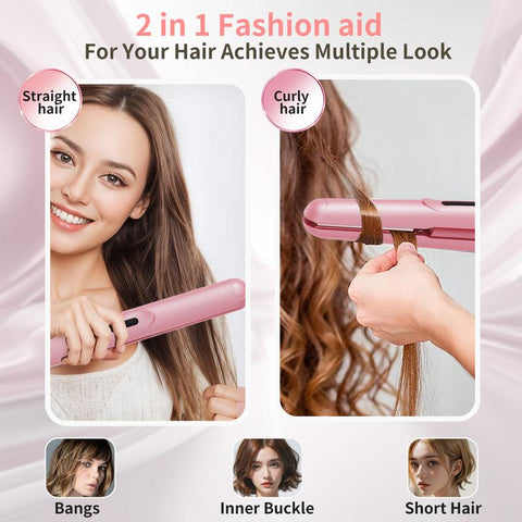 Mother'S Day 2025 Mini Portable Cordless Rechargeable USB Clipper Bangs Curl Straight Dual Purpose Dormitory Available Small Hair Straightener Comfort Pink Hair Curler