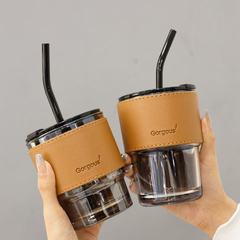 Creative Bamboo Glass Cup with Lid & Straw