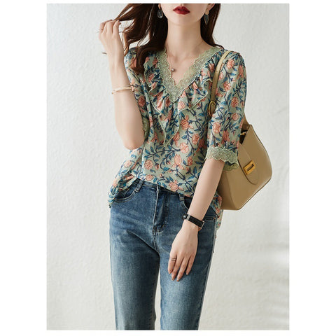 V-Neck Floral Chiffon Shirt