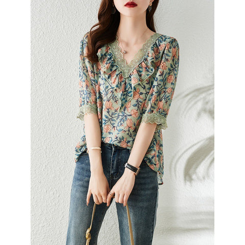 V-Neck Floral Chiffon Shirt