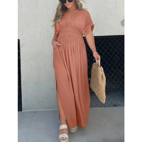 Summer Bat-Sleeved V-Neck Slit Dress