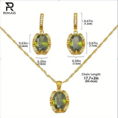 ROMASS Marlu Olive Green Amethyst Zirconia Jewelry Set - 18K Gold Plated Sterling Silver Necklace & Earrings for Women, Hypoallergenic Luxury Gift (Birthday, Anniversary) | Tarnish-Resistant & California Prop 65 Certified