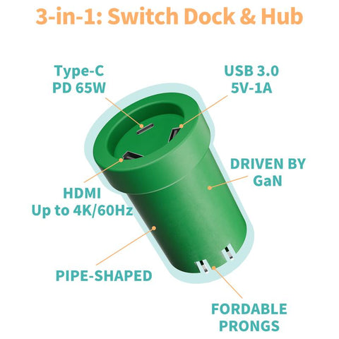 POWKONG Portable 65W Gan Switch Charging Dock&Hub Compatible with Nintendo Switch Oled/Switch, Swith Docking Station for TV with 4K 60Hz HDMI/USB-C PD Fast Charging/Usb 2.0, Green