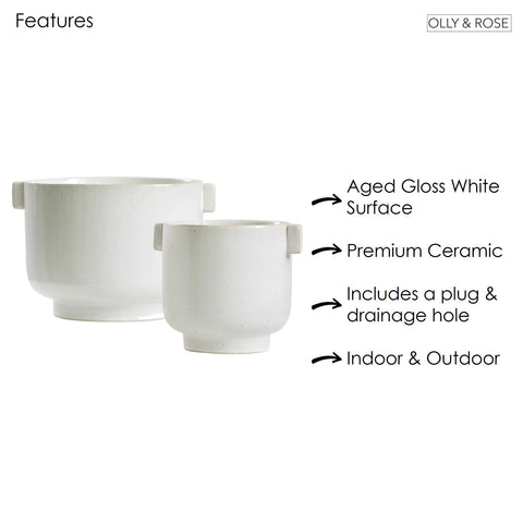 Ceramic Plant Pot Set with Handles - Indoor & Outdoor Planters - Aged White Gloss Finish