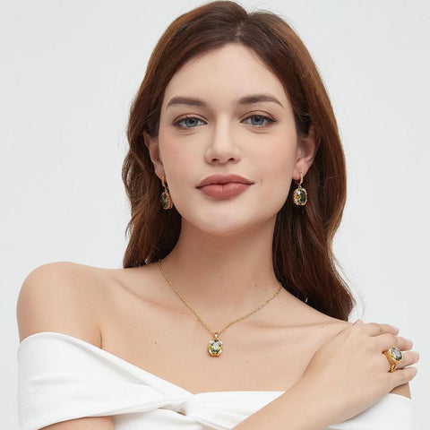ROMASS Marlu Olive Green Amethyst Zirconia Jewelry Set - 18K Gold Plated Sterling Silver Necklace & Earrings for Women, Hypoallergenic Luxury Gift (Birthday, Anniversary) | Tarnish-Resistant & California Prop 65 Certified