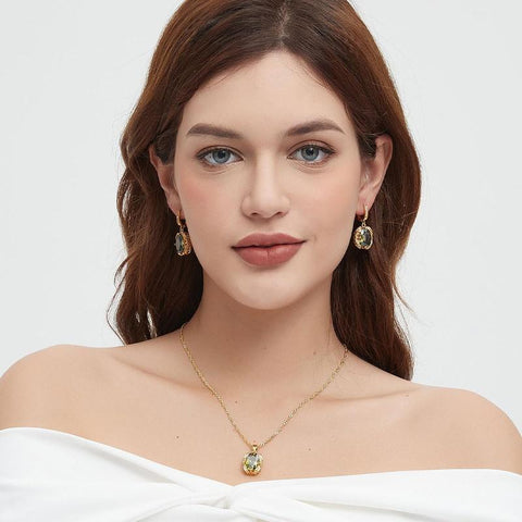 ROMASS Marlu Olive Green Amethyst Zirconia Jewelry Set - 18K Gold Plated Sterling Silver Necklace & Earrings for Women, Hypoallergenic Luxury Gift (Birthday, Anniversary) | Tarnish-Resistant & California Prop 65 Certified