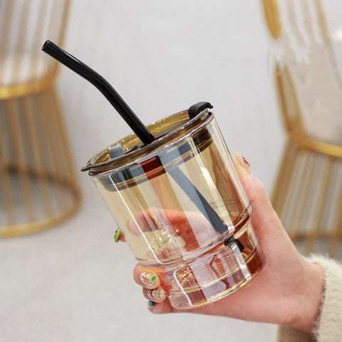 Creative Bamboo Glass Cup with Lid & Straw