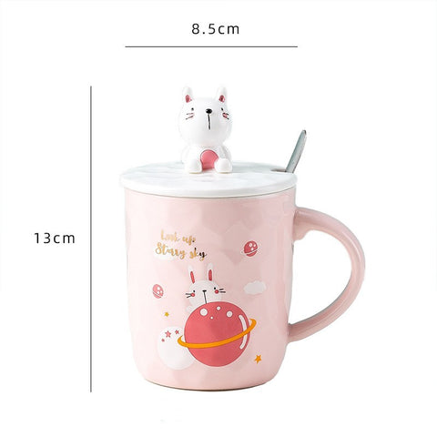 Cute Cartoon Ceramic Mug with Lid and Spoon