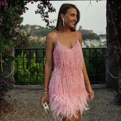 Sexy Tassel Sequins Feather Mini Dress