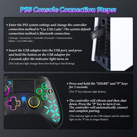 Wireless Controller for PS5 with LED RGB Light, Compatible with Playstation 5 /Playstation 4 /Playstation 3 /Switch/ PC