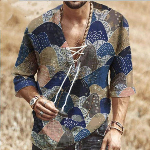 Men's Drawstring Floral Print Shirt