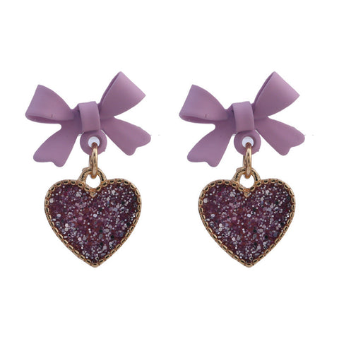 Korean Style Purple Bow and Heart Earrings