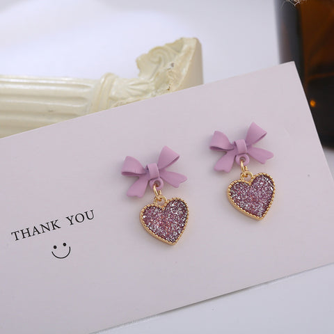 Korean Style Purple Bow and Heart Earrings