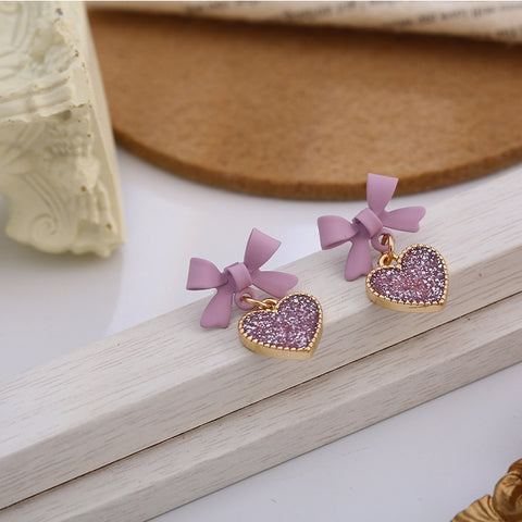 Korean Style Purple Bow and Heart Earrings