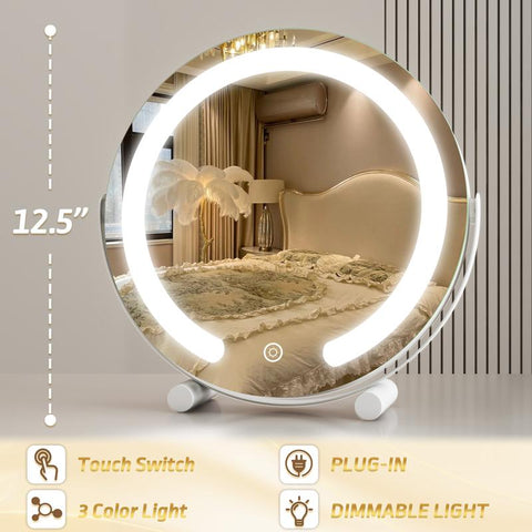 FENNIO Vanity Mirror with Lights, 12 Inch Light up Makeup Mirror, LED Makeup Mirror with Lights for Bedroom Tabletop, Smart Touch Control 3 Colors Dimmable, 360° Rotation, White