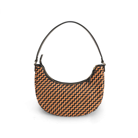 Leather Hobo Bag with Black-Orange-Woven Pattern and Zip Top