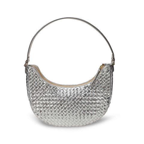 Laminated Silver Handmade Leather Bags With Zip Closure and Shoulder Strap