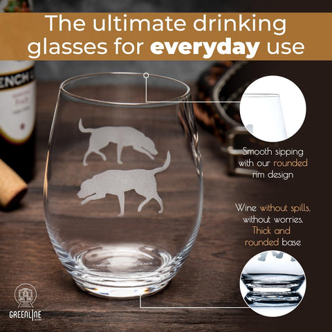 Labrador Retriever Stemless Wine Glass (One Glass) - Unique for Dog Lovers - Hand Etched with Breed Name on Bottom