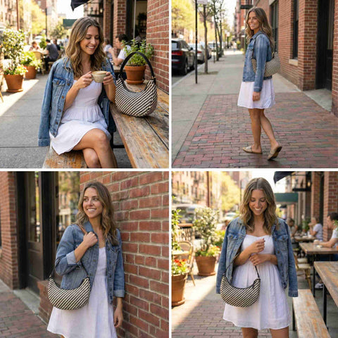 Leather Woven Purse with Zip, Black & Cream, Single Shoulder Bag for Women