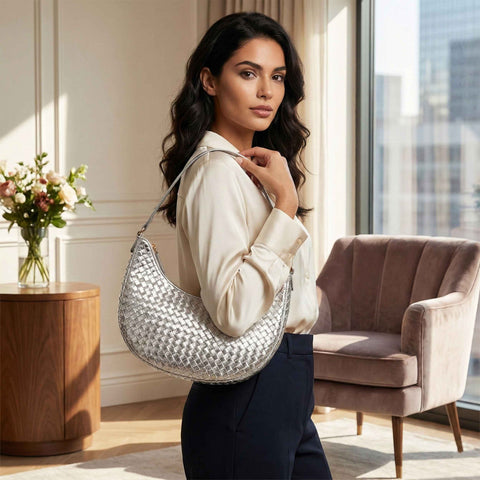 Laminated Silver Handmade Leather Bags With Zip Closure and Shoulder Strap