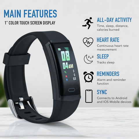 ® Fitness Activity Tracker, Heart Rate Monitor, Free Pro App, Step Counter, Sleep Tracker, Remote Camera Support, Notifications & Alarms, Weather Data Display, Find Phone Feature