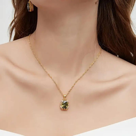 ROMASS Marlu Olive Green Amethyst Zirconia Jewelry Set - 18K Gold Plated Sterling Silver Necklace & Earrings for Women, Hypoallergenic Luxury Gift (Birthday, Anniversary) | Tarnish-Resistant & California Prop 65 Certified