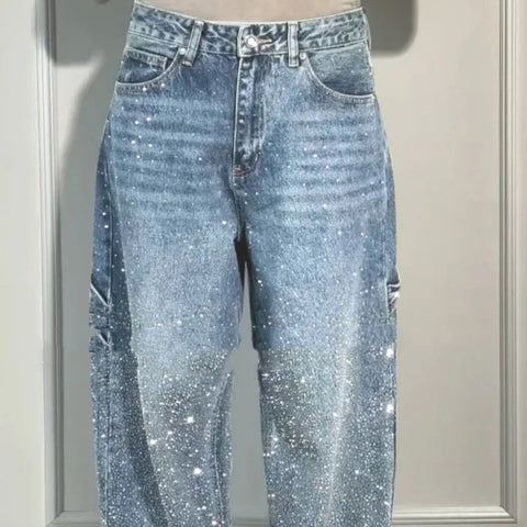 Ins Shiny Loose Wide Jeans With Pockets
