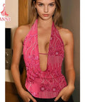 Sequin Halter Backless Crop Top for Women Sparkly Glitter Sleeveless Vest Deep V-Neck Beach Vacation Tank Top