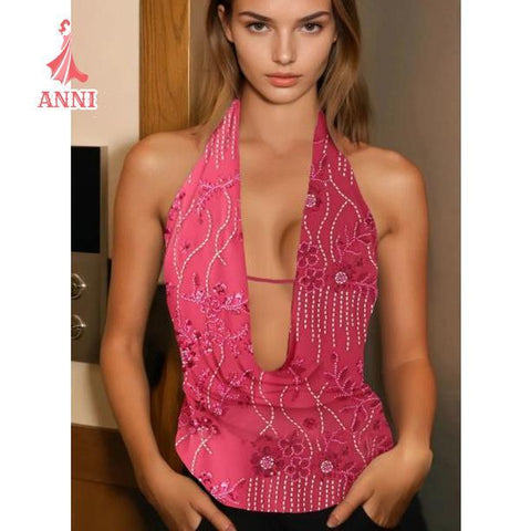 Sequin Halter Backless Crop Top for Women Sparkly Glitter Sleeveless Vest Deep V-Neck Beach Vacation Tank Top
