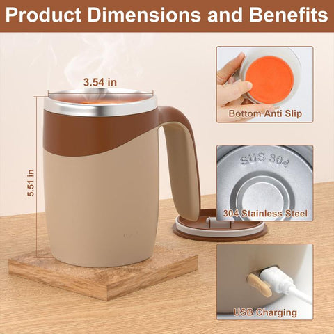 Self Stirring Coffee Mug, Rechargeable Automatic Coffee Stirring Mixing Mug, Electric Funny Self Mixing Cup, Stainless Steel Travel Coffee Cup for Office(Brown) Stirring Coffee Cup Drinkware Reuse Self Stirring Cup
