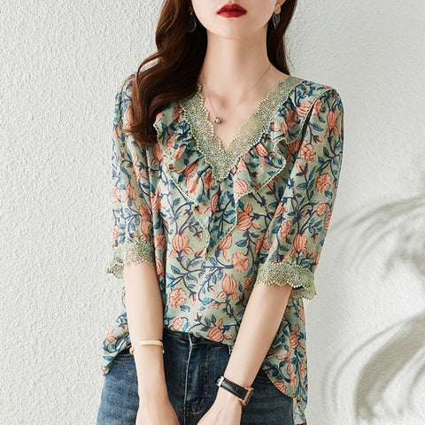 V-Neck Floral Chiffon Shirt