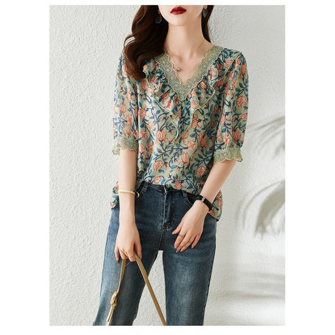 V-Neck Floral Chiffon Shirt