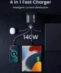 MOVE SPEED 140W USB C Charger PD3.1 Gan 4-Port Compact Laptop Wall Charger Foldable Plug 3Xusb-C Ports Fast Charging for Macbook Pro/Air, Iphone, Ipad Pro, Dell XPS Etc (With 140W Cable)