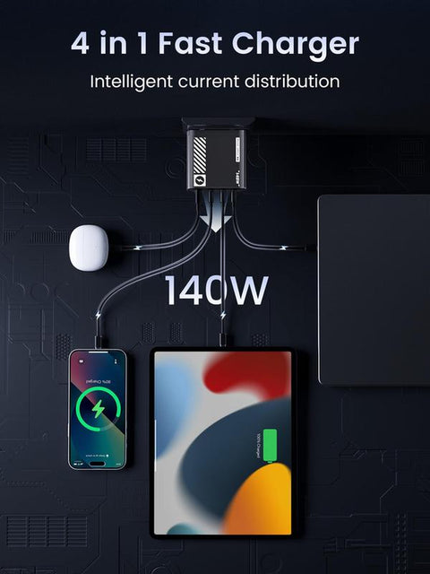 MOVE SPEED 140W USB C Charger PD3.1 Gan 4-Port Compact Laptop Wall Charger Foldable Plug 3Xusb-C Ports Fast Charging for Macbook Pro/Air, Iphone, Ipad Pro, Dell XPS Etc (With 140W Cable)