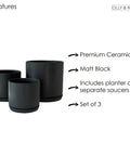 Matt Black Plant Pots Garden Planters Set 3 Indoor Outdoor Ceramic Flower Pots round with Saucers